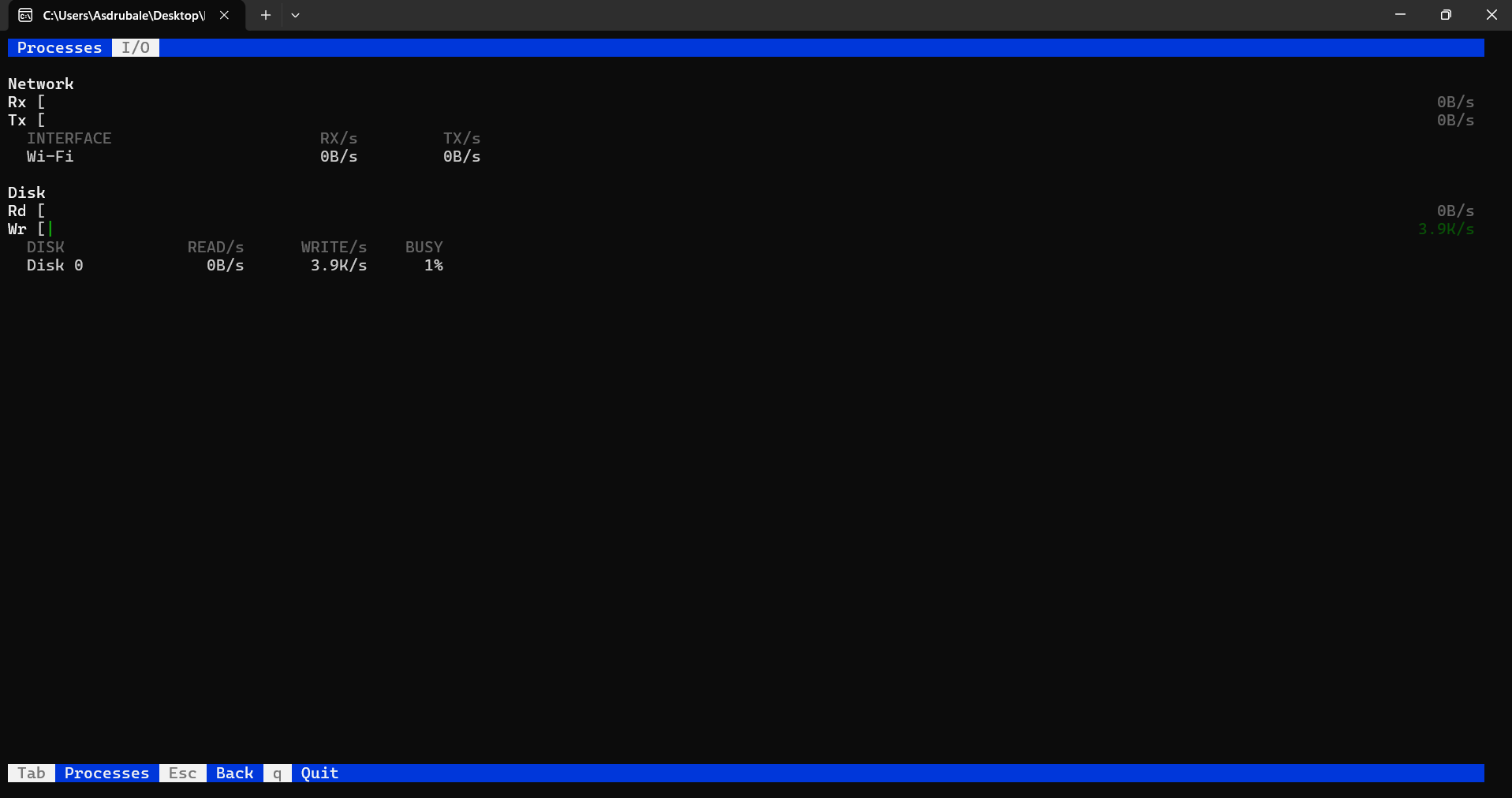 wtop I/O tab showing network receive and transmit meters with a per-interface breakdown, and disk read and write meters with a per-drive breakdown